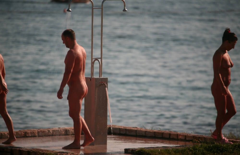 Naturist Shower at Dusk pics - Clothing is a barrier for a nudist